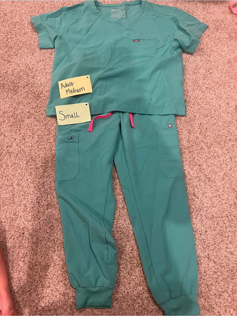 Figs Women's Scrub Jogger Set in Teal with Pink Drawstring